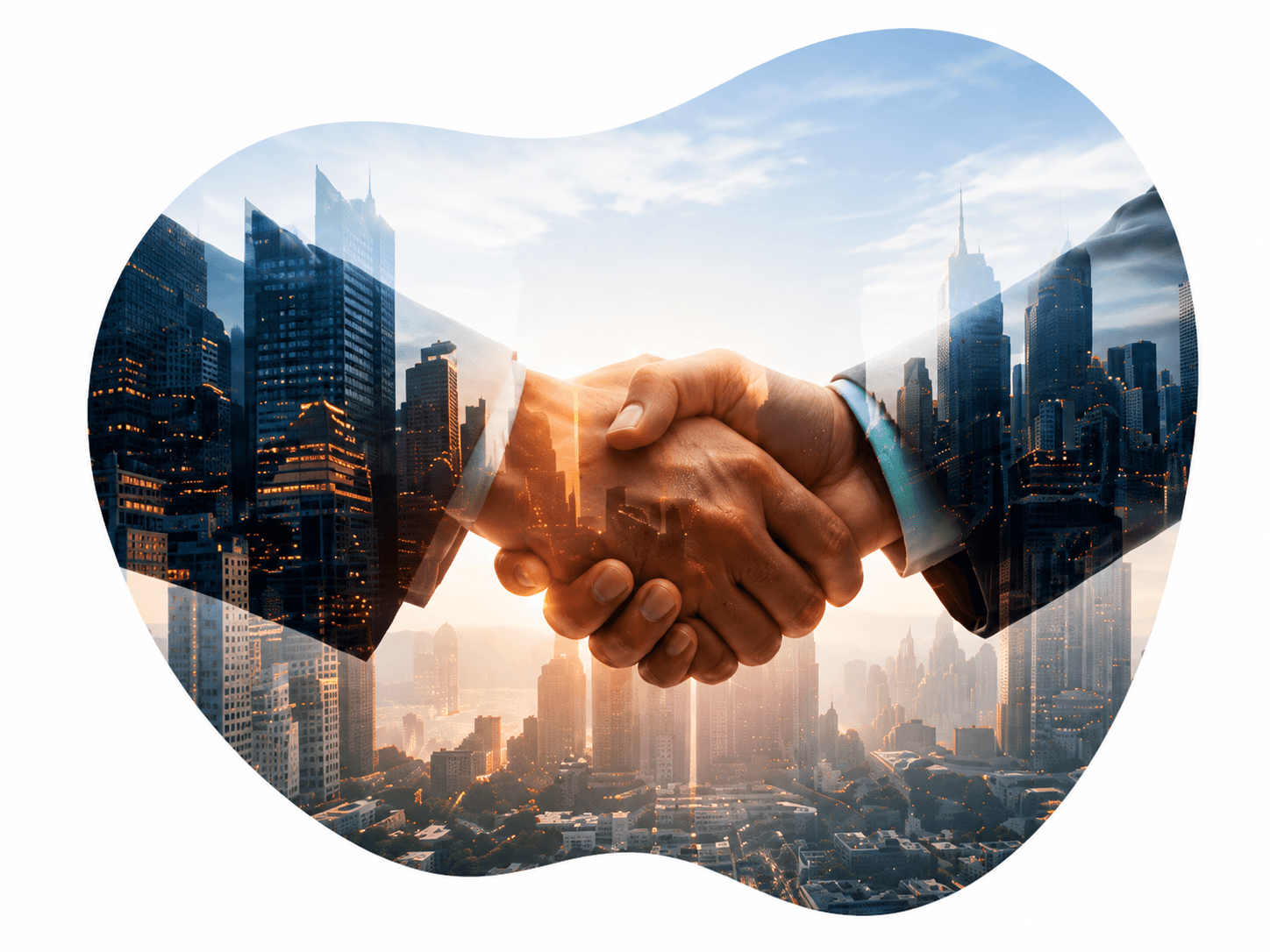 A handshake over a city skyline